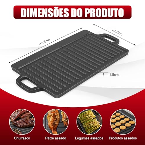 45 x 23 cm Chapa Grill para Fogão e Indução, Dupla Face Retangular, Chapa de Ferro Dupla Face, Retangular de Ferro Fundido, Frigideira Reversível Pré-Temperada