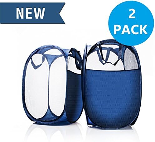 Foldable Pop-Up Mesh Hamper Basket with Reinforced Carry Handles Set of 2 - Portable, Collapsible &amp; Durable Laundry Bin with Extra Side Pocket - Perfect Bag for College Dorms, Adults, &amp; Kids Clothes
