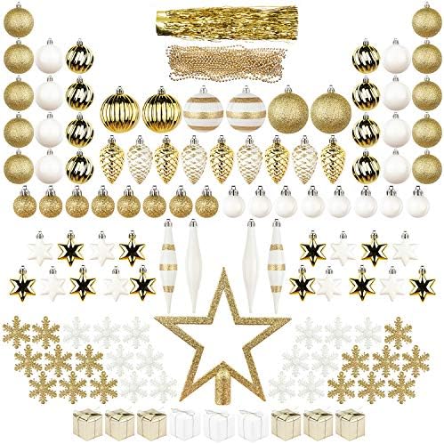 ITART 122ct Christmas Tree Ornaments Decorations Assortment Including Tree Topper Balls Snowflakes Stars Pine Cones Miniature Gift Boxes Tinsel and Beads Garlands Finial (White and Gold)