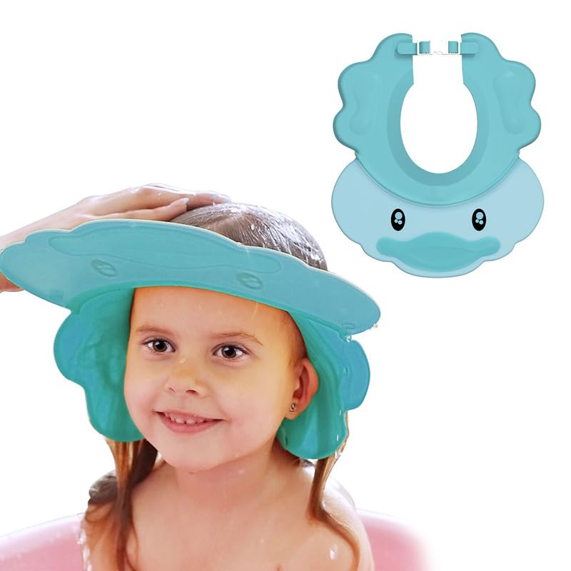 VIKSAUN Shower Cap for Kids, Baby Shower Cap, Bath Soft Cap, Adjustable Kids Shampoo Cap, Hair Washing Shield Shower Protector Adjustable Visor Hat for Kids Eyes Ears and Face Protection (Blue)