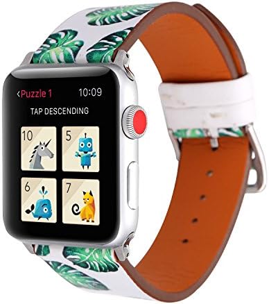 YOSWAN Bracelet for Apple Watch, National Black White Floral Printed Leather Watch Band 38mm 42mm Strap for Apple Watch Flower Design Wrist Watch Bracelet (Green Leaf, 38mm)