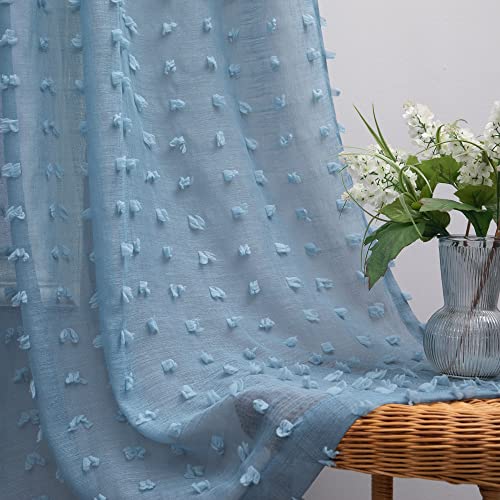 KOUFALL Dusty Blue Sheer Vorhaenge fuer Schlafzimmer, strukturierter Boho-Pompom, Voile, laendlicher Chic, Vintage-Vorhaenge fuer Wohnzimmer, Maedchen, Hochzeit, Hintergrund, Hellblau, 132x213 cm Laenge