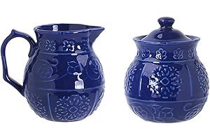 CHOOLD Blue Embossed Ceramic Sugar and Creamer Set with Lid Spoon Creamer Serving Set Coffee Serving Set, 10oz