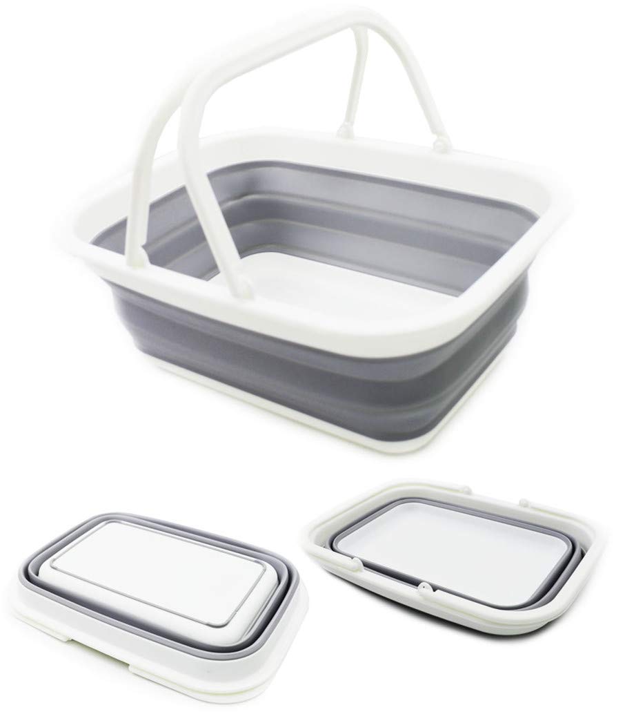SAMMART 9.2L Collapsible Tub with Handle - Portable Outdoor Picnic Basket/Crater - Foldable Shopping Bag - Space Saving Storage Container (White/Grey, 1)