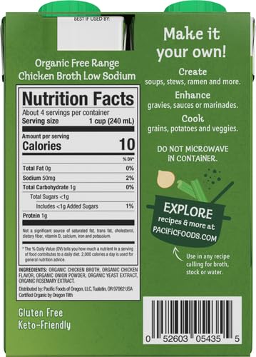 PACIFIC FOODS ORGANIC FREE RANGE CHICKEN BROTH, LOW SODIUM, 8 FL OZ (PACK OF 4)