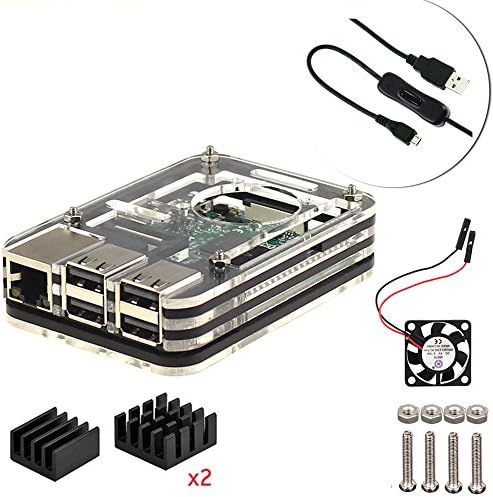 Starter Raspberry Pi 3 Model B Pi 2 Case Kit (7 layers Acrylic Case, Cooling fan, 3Pcs heatsink, ON/OFF Switch USB Cable) (Black)