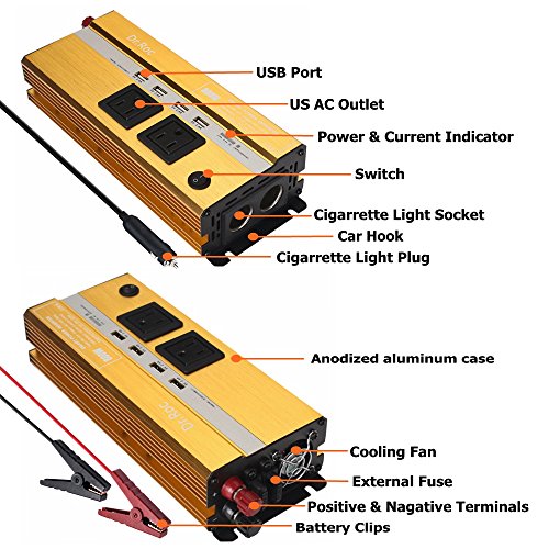 800W Power Inverter DC 12V to 110V AC Power Converter for Household Appliances Car electronics Car Adapter Charger for Laptop Phone Game Console- 6.8A 4 USB Charger,2 AC Outlets,2 Cigarette holder