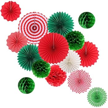 Hanging Party Decorations Set Tissue Paper Fan Paper Pom Poms Flowers and Honeycomb Ball for Christmas Wedding Engagement Graduation Party Decor Green Red Kit