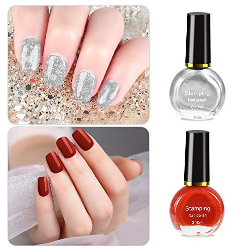 Ownest 6 Colors Nail Art Stamping Polish Kit,Colourful Manicuring Plate Printing Polish Varnish 10ML,with 2 Manicure Nail Stamping Design Plates,1 Clear Nail Stamper - Thumbnail 4