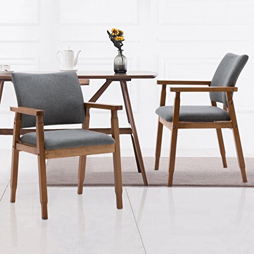 Set of 2 Mid Century Modern Dining Chairs Wood Arm Gray Fabric Kitchen Cafe Living Room Decor Furniture - Thumbnail 7