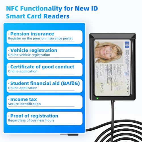 USB smart card reader with NFC, USB smart card reader, DOD military card reader for ID card, bank cards, compatible with Windows, Linux, PC laptop, 95 cm cable