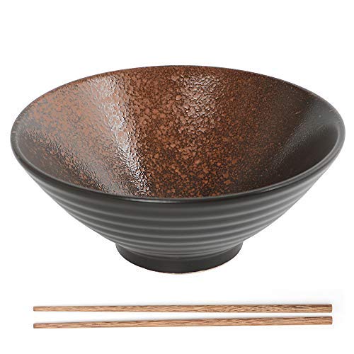 MUXUE Japanese Ceramic Ramen Bowl, Creative Soup Bowls with Chopsticks, Large Vintage Noodles Bowl 900ml, Personality Ramenbowls for Cereals, Pasta, Noodles, Appetizer, Etc.（Brown）