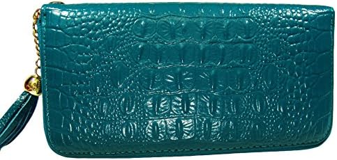 Turquoise Genuine Leather Animal Skin Embossed Zip Around Wallet, Wristlet, Clutch