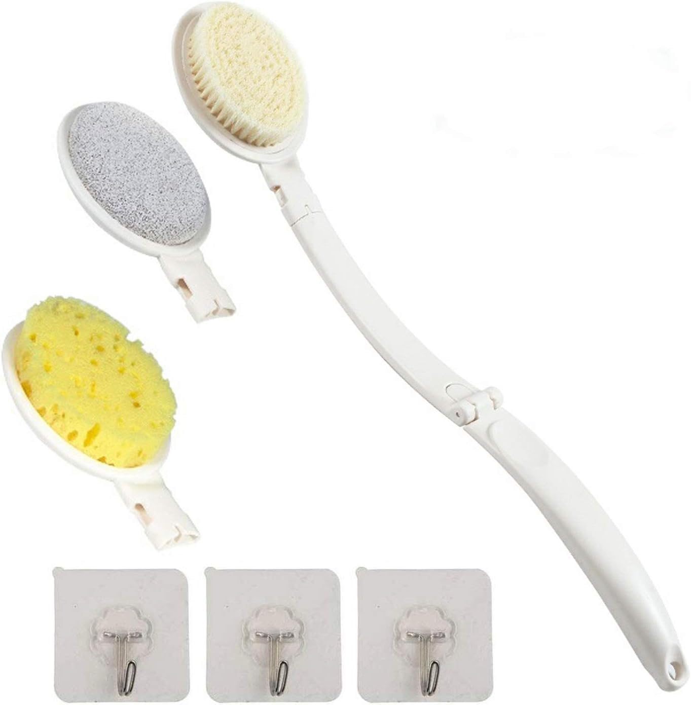 Body Brush Set 3 in 1 Detachable Long Handle Shower Brush Back Scrubber Brush with Nylon bristles and Sponge Pumice for Exfoliating and Cleaning