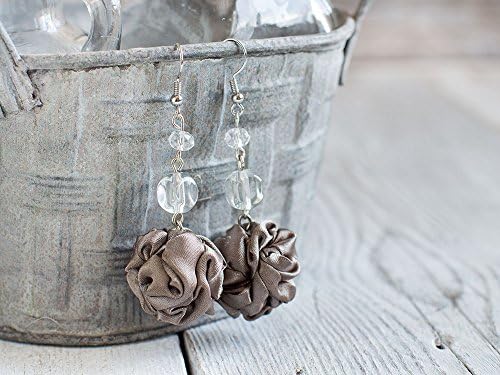 Brown grey fabric bead Earrings, tan ruffled textile earrings, fabric jewelry, textile jewelry, dangle earrings, Unique Gift for Her