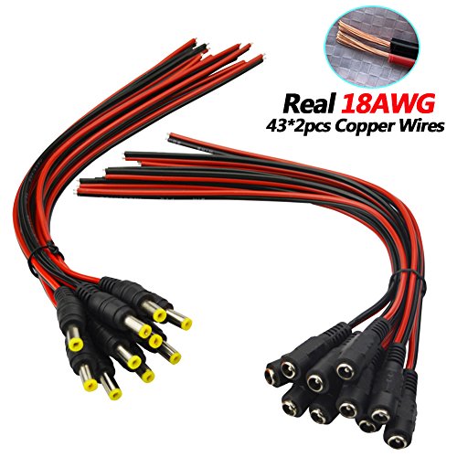 Real-18AWG-43x2pcs-Wires-10-Pairs-DC-Power-Pigtail-Cable-12V-5A-Male-Female-Connectors-for-CCTV-Security-Camera-and-Lighting-Power-Adapter-by-MILAPEAK-21mm-x-55-mm-Ultra-Thick-18AWG
