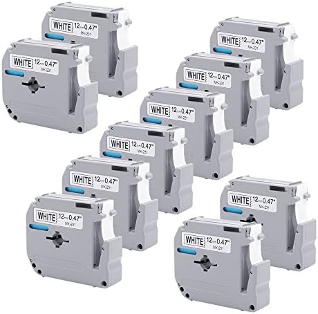 10PK Compatible Brother P-touch M231 MK231 M-k231 Label Tape (0.47")12mm 26.2ft 1/2 Inch, for Brother PT-80 PT-70 PT-65, Black on White