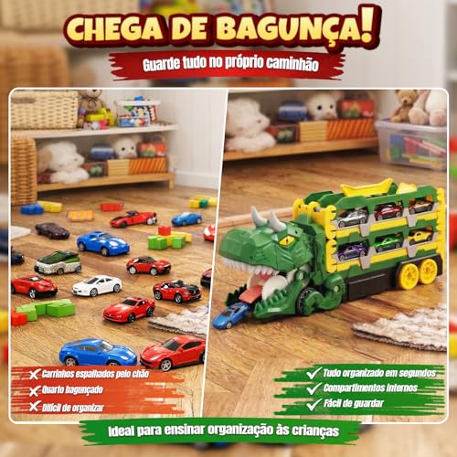 Caminhão Dinossauro 3 em 1 com Pista Dupla Dinossauro Brinquedo que Engole Carrinhos e Vira Pista de Corrida, Acompanha 4 Carrinhos de Metal, Ideal para Aniversário, Natal e Dia das Crianças