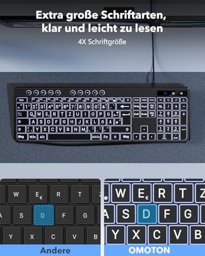OMOTON Illuminated Keyboard, Cable PC Keyboard, QWERTZ White Illuminated with Large Pressure, 2 in 1 USB A/C for Seniors, Children, Visually Impaired for Windows with Multimedia Keys