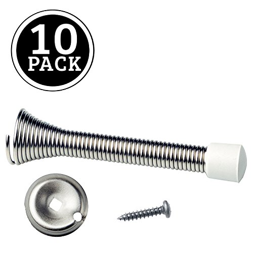 Savings Pack of 10 Spring Door Stopper - 3 ¼ Inc Heavy Duty Door stop, Low Mounted Door Bumper for Home-Office – Made of Durable Flexible Stainless Steel – Satin Nickel Color, Protects Doors & Walls