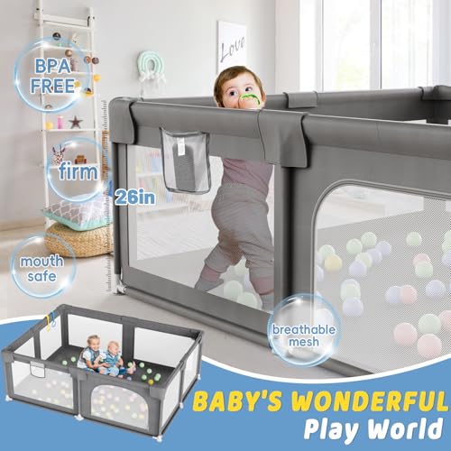 Palopalo Baby Playpen, 70"x59" Extra Large Playard for Babies and Toddlers, Non-Foldable and Big Baby Activity Center, Infants Play Pen with Gate and Soft Breathable Mesh, Ideal for First-time Mom