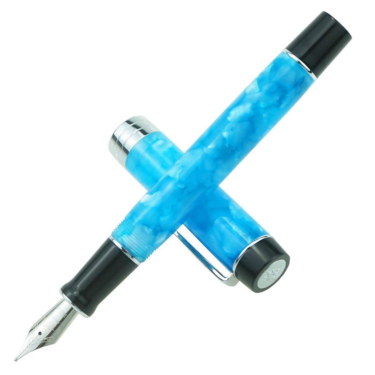 Jinhao 100 Series Fountain Pen, Medium Nib Ice Blue Colour Resin Barrel Silver Trim with Metal Pen Case