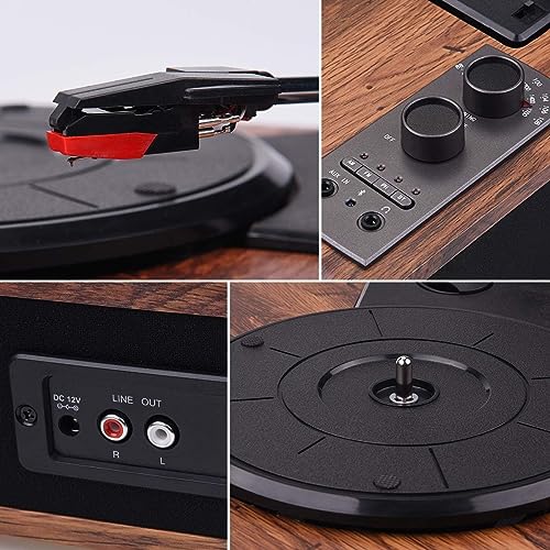 Vinyl Record Player with Built-in Bluetooth Speakers Vintage Style 3 Speed Vinyl Player Retro Portable Disc Player, RCA AM FM Headphone Jack, Walnut Wood