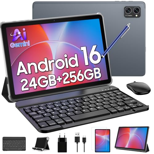 TABWEE Android 16 Tablet con Teclado - 24 GB RAM+ 256 GB ROM(2 TB TF), Octa-Core, Gemini AI, Widevine L1, Tablet 10 Pulgadas, 5000mAh, 8MP+5MP, Face ID, GPS (Garantía de 4 años)