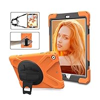 Adromy New iPad 9.7 2018/2017 Case, iPad 6th / 5th Generation Cases Cover for Kids 360 Degree Rotatable Kickstand, Hand Strap & Shoulder Strap Shockproof Rugged Case for iPad 9.7 Inch (Orange)