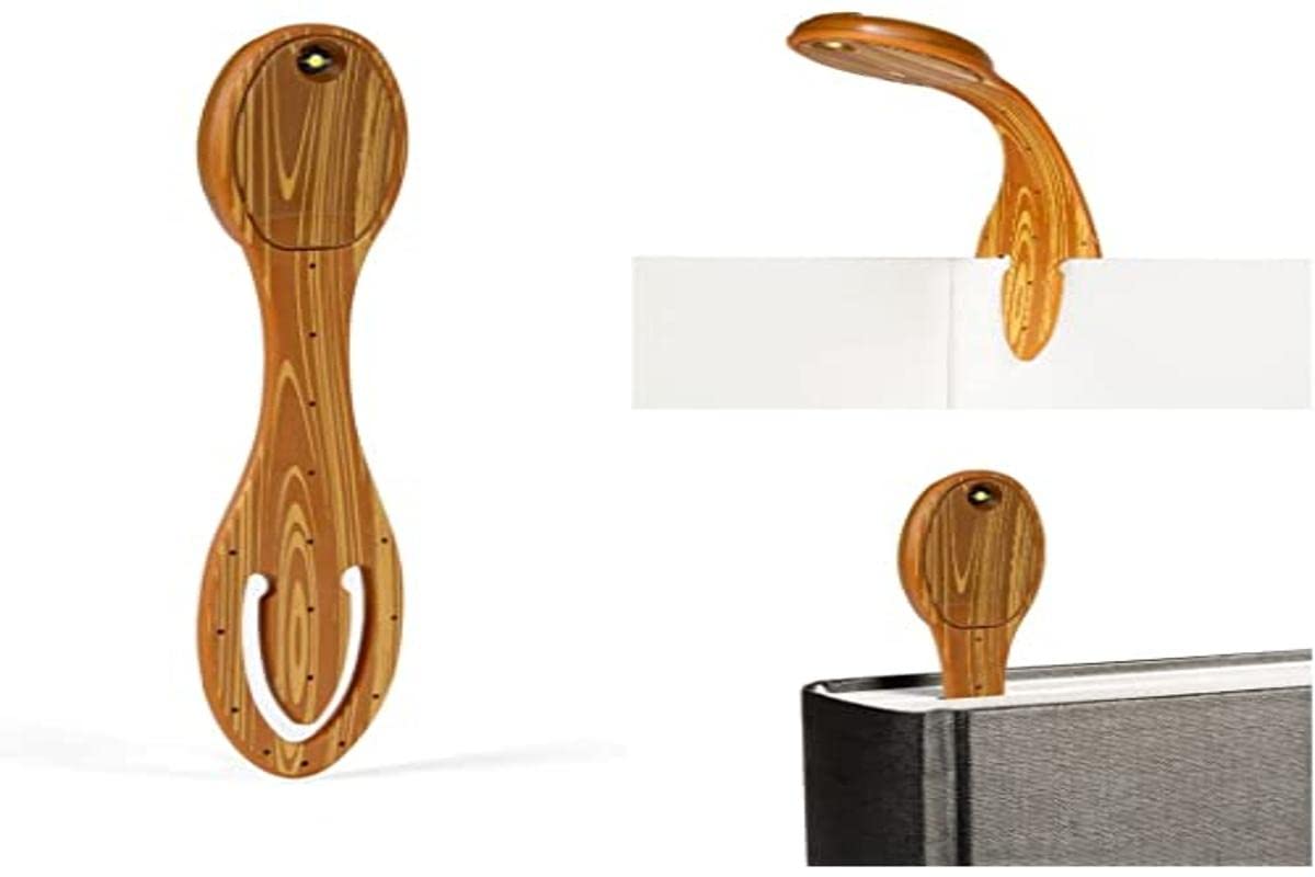 Gifts for Readers & Writers Book Light, Clip On Reading Light for Bed, 2in1 Flexilight & Bookmark, Small & Lightweight with a Soft Glow, 2 Batteries Included, Wood