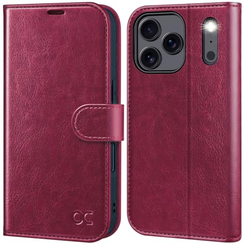 OCASE Hülle für iPhone 17 Pro 5G, Handyhülle [Kartenfach] [Magnet] [Standfunktion] [RFID Blocker] Stoßfest Lederhülle Kompatibel mit iPhone 17 Pro Burgundy