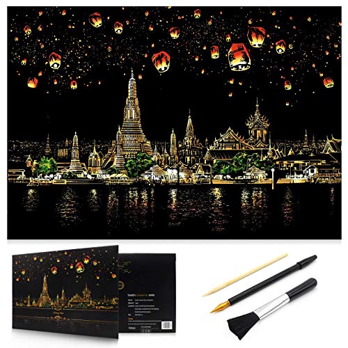 Scratch Art Rainbow Painting Paper, Sketch Pad DIY Night View Scratchboard for Kids & Adults, Engraving Art & Craft Set, Scratch Painting Creative Gift, 16'' x 11.2'' with 3 Tools (Chiangmai-Thailand) - Thumbnail 7