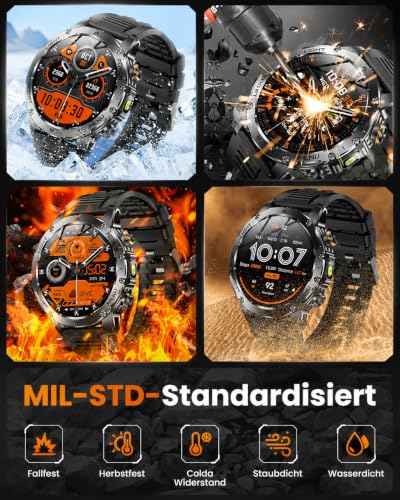 Karchilor Military Smartwatch Men's with 1000 mAh Battery - Fitness Watch with Bluetooth Calls, 1.7 Inch HD Display, LED Torch, IP68, 110+ Sports Modes, Heart Rate and Sleep Analysis, for iOS