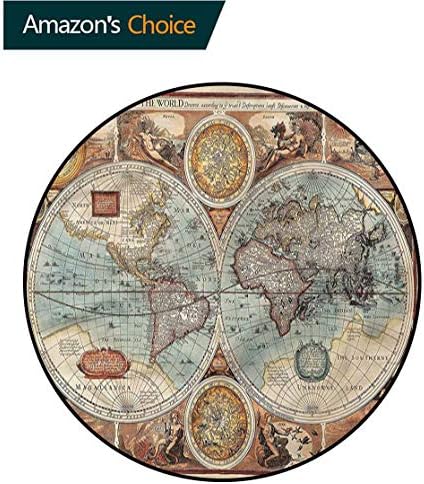 Vintage Machine Wash Round Bath Mat, World Map Geography Theme Non-Slip Bathroom Soft Floor Mat Home Decor, Diameter-63