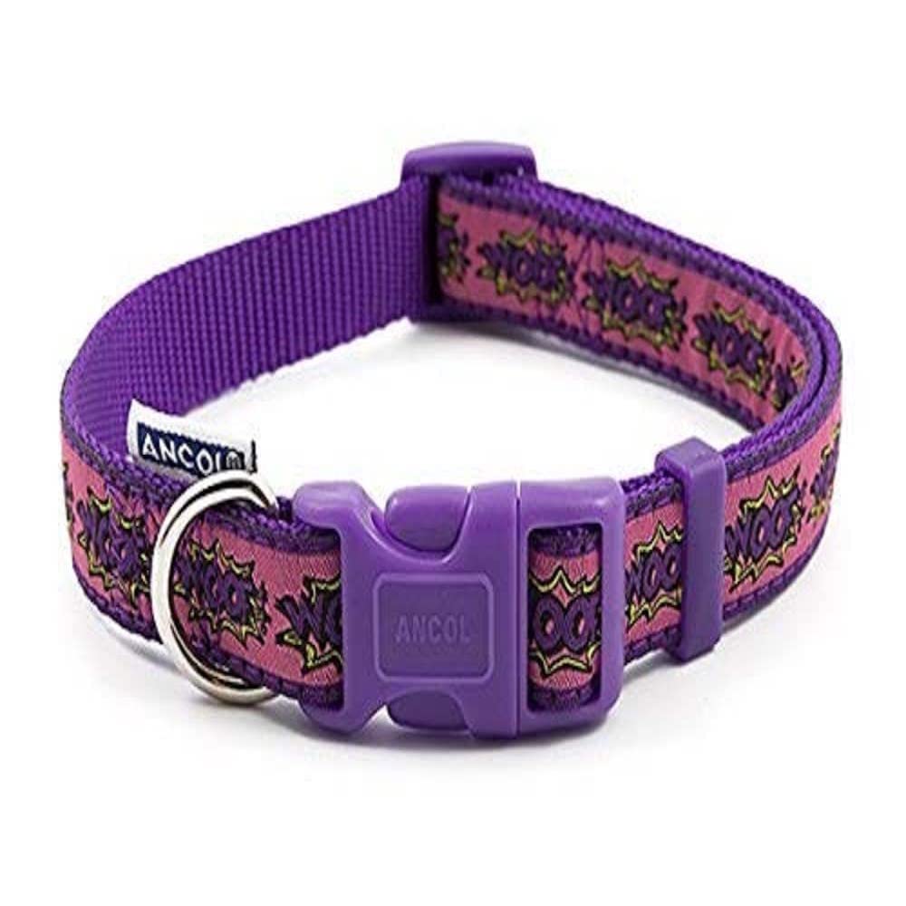 Ancol Woof Dog Collar in Pink - Lightweight Weatherproof Nylon Collar with Comic Book Style Design - 30-50cm — image 1