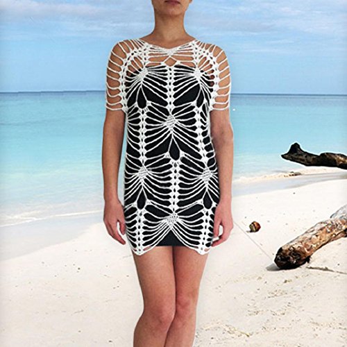 ShenPr Women Bathing Openwork Irregular Skull Net Crochet Smock Bikini Swimwear Beach Cover Up (White, XL)