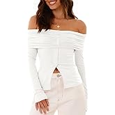 Cicy Bell Womens Off The Shoulder Tops Cute Long Sleeve Slim Fit Ribbed Ruched Shirt 2024 Fall Y2k Clothes White