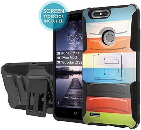 [NakedShield] [Black/Black] Defender Combat Armor Case [KickStand] [Holster] [Screen Protector]- [Color Bars] for ZTE Blade Z Max/ZTE ZMax Pro 2/ZTE Sequoia/ Z982