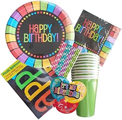 Its My Birthday Color Block Party Celebration Supply Bundle! Vibrant Color Block Pattern Includes Dinner Plates, Napkins, Cups, Straws, Tablecover and Deluxe Button for 8 Guests!