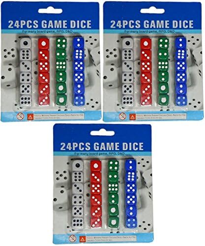 Standard Board Game Dice (24)- Blue, Red, Green &amp; White (16mm)- 3 Pack