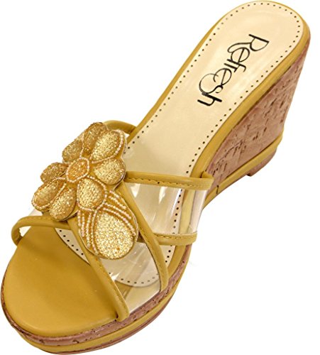 Refresh Belle-01 Lady slide Sandal slipper rhinestone beaded flower floral Med Heel wedge Mustard 7