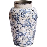 Denique Vintage Blue and White Porcelain Vase Ceramic Vase for Home Decor, Retro Crack Blue Flower Vase Pottery Vase Chinoiserie Decor Rustic (6.3x9.8inch)