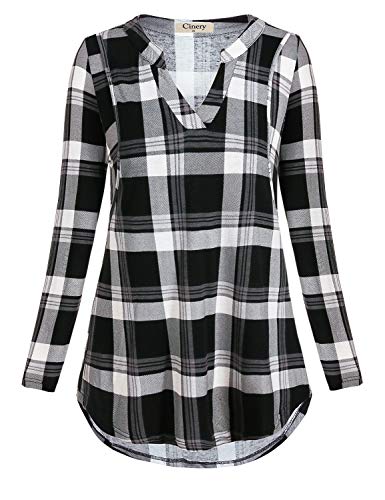 Cinery Breastfeeding Tops, Women Long Sleeve Nursing Tshirt Comfy Postpartum Clothes Plaid Lightweight Blouses Mama Notch Neck High Low Hem Top (Black M)
