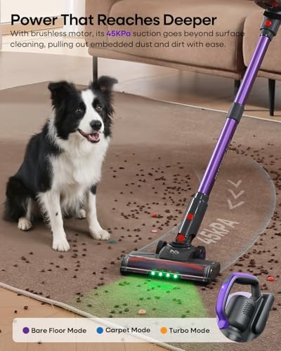 AlloyMove Cordless Vacuum Cleaner 45KPA, Up to 60mins Runtime Lightweight Powerful Suction Vacuum Cleaners for Home, 3 Suction Modes, Rechargeable Stick Vacuum for All Floor/Carpet/Pet Hair/Car, A03