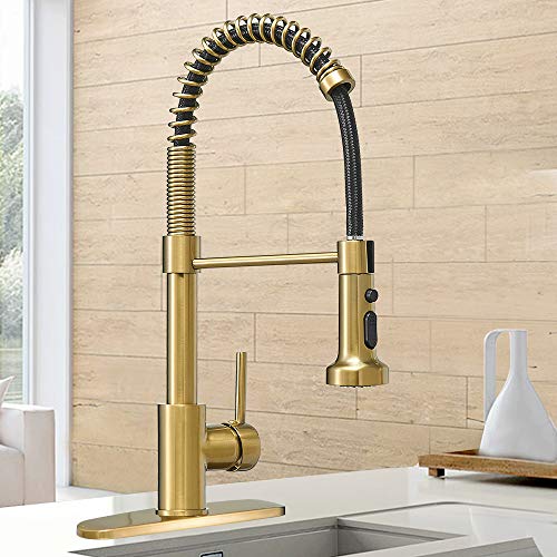 Hoimpro Brushed Gold High Arc Spring Kitchen Faucet with Pull Down ...