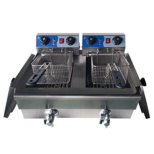 ZXMOTO 20L Commercial Double Deep Fryer Chip Chicken Frying Timer and Drain Stainless Steel