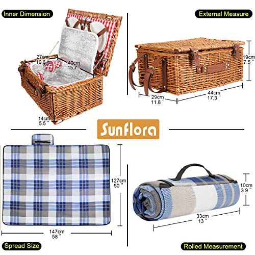 Sunflora Wicker Picnic Basket for 4 Persons Set with Large Insulated Compartment Premium Stainless Steel Cutlery and Portable Picnic Blanket for Family Camping, Gift