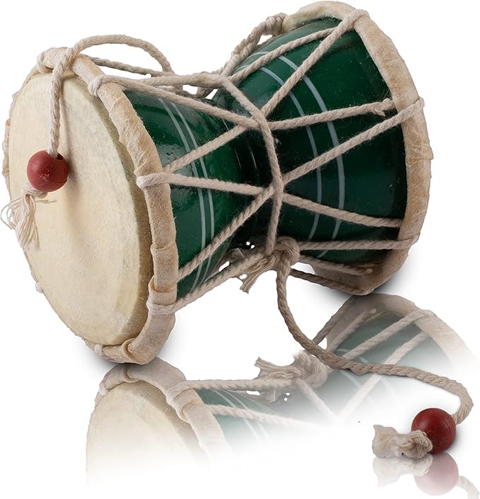 7 cms Small Handmade Traditional Authentic Wooden & Leather Classical Indian Folk Dumroo Damroo Damaru Hand Drum Percussion Instrument Set, Decorative Collectible Showpiece World Musical Instruments