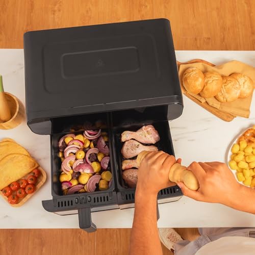 Fritadeira de ar digital cecotec 9l cecofry advance 9000 inox. 2800w, 2 baldes de 4,5l, temperatura dupla, temperatura ajustável de 80-200ºc, 7 programas, painel de toque multifuncional