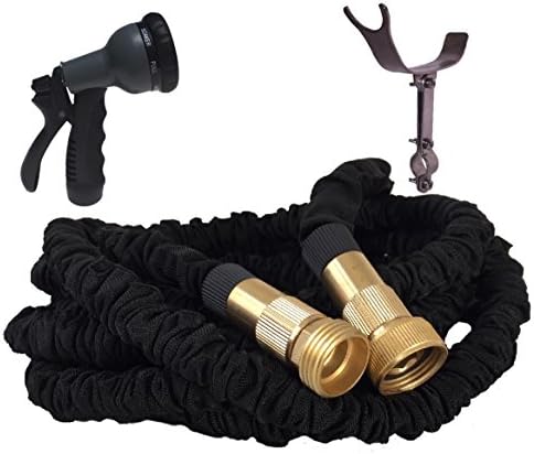 75 Foot Black Expandable Garden Hose, Strongest Expanding Hose, Stainless Steel Holder (pat pend), Brass Fittings with Strain Reliever, Rugged Nylon Fabric, Double Latex Core, 8 Way Sprayer